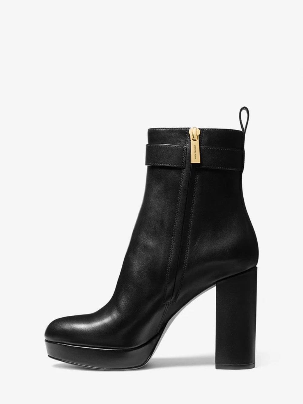 Michael Kors Black Leather Platform Ankle Boots with Gold MK Accent - Picture 4 of 8
